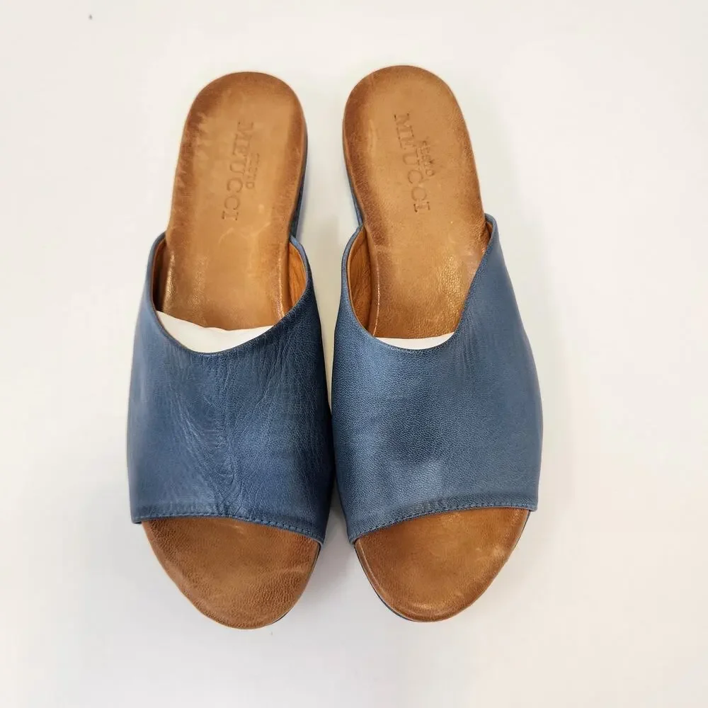 Sesto Meucci Blue Leather Wedge Slide Mule Sandal Women Size 9.5 M Open Toe